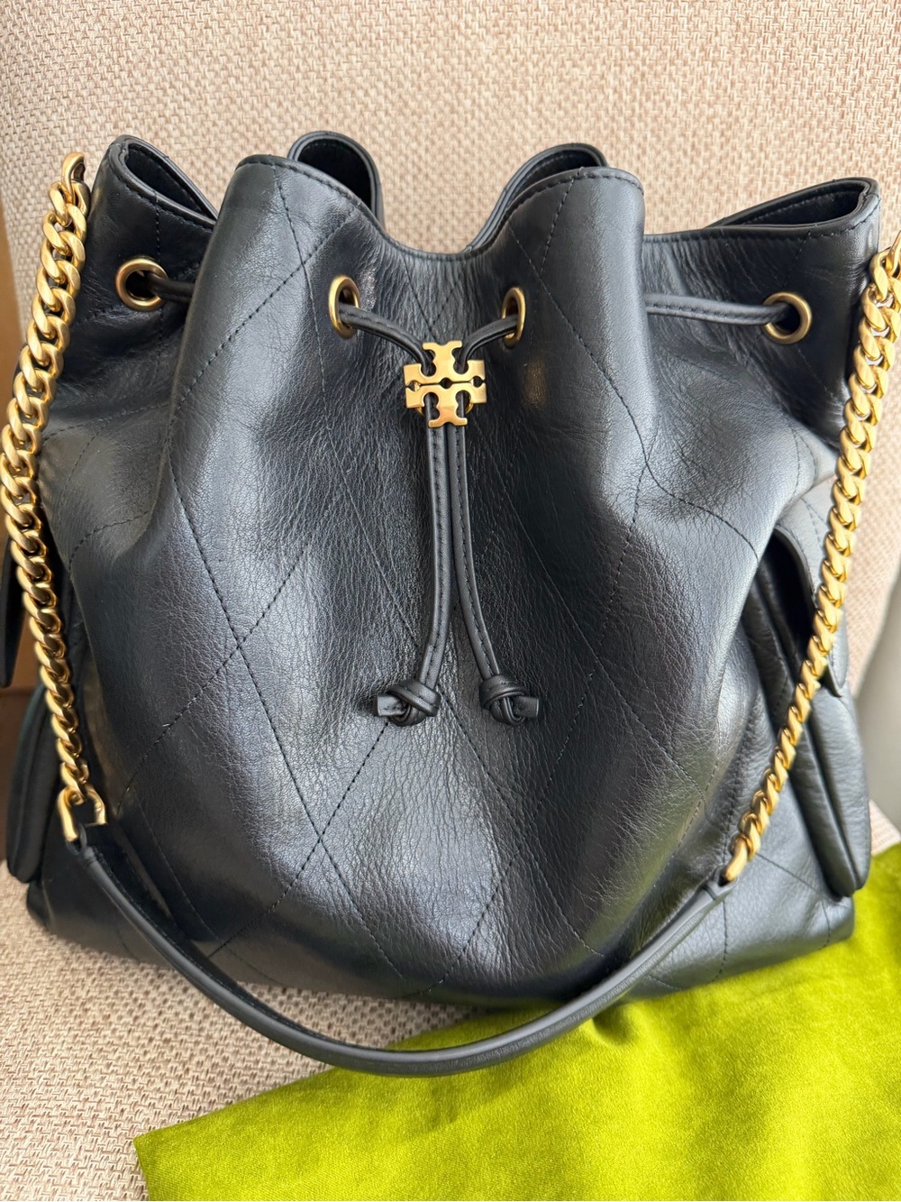 Tory Burch Black Leather Charlie Quilted Drawstring with Gold Chain-Large